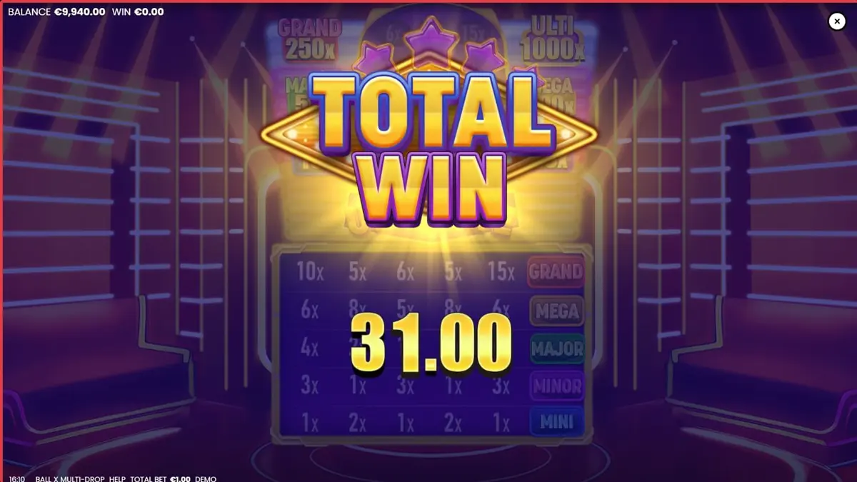 Ball X Multi-Drop سلاٹ گیم کا نیون تھیم والا انٹرفیس